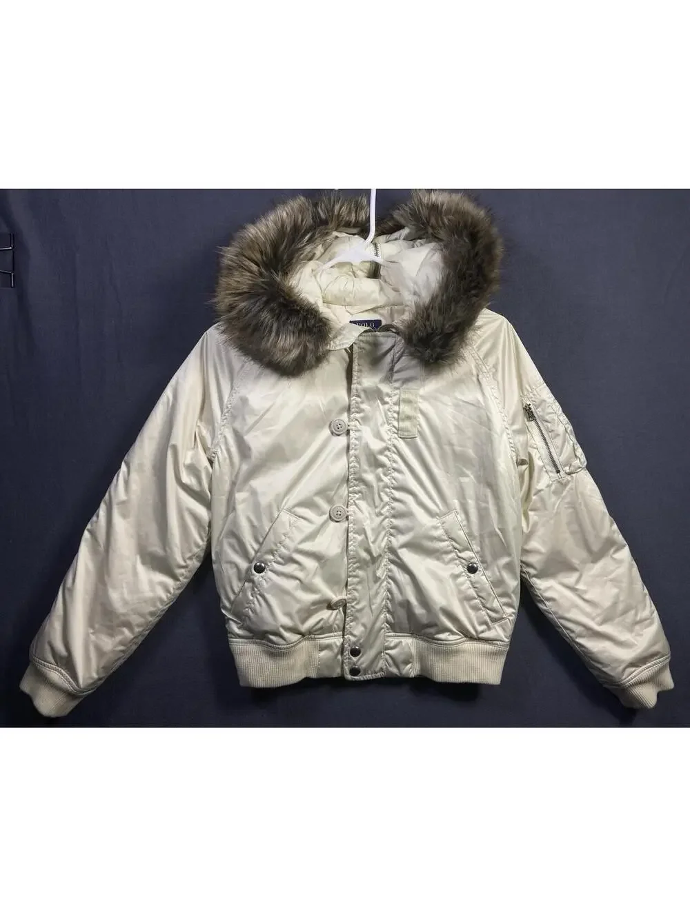 $245 Polo Ralph Lauren Girls Cortina Cream Satin Down Bomber Jacket Sz L 12-14